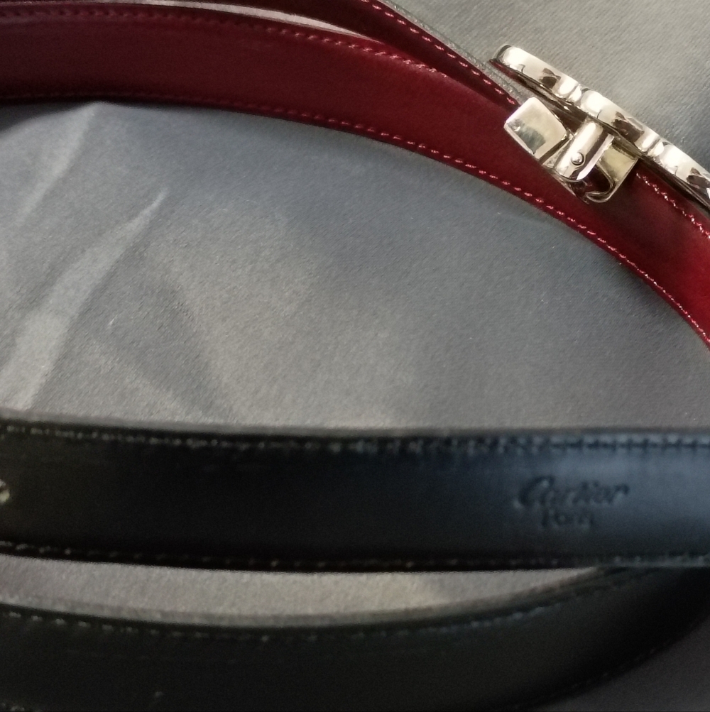 ❤️CARTIER PARIS SILVER BUCKLE WITH BLACK & BURGUNDY REVERSIBLE BELT 31-33.5 - Picture 6 of 9